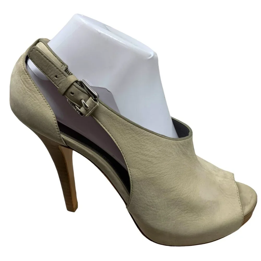 COACH Apryl‎ Stone Nubuck Cut Out Peep Toe Logo Buckle Stilettos